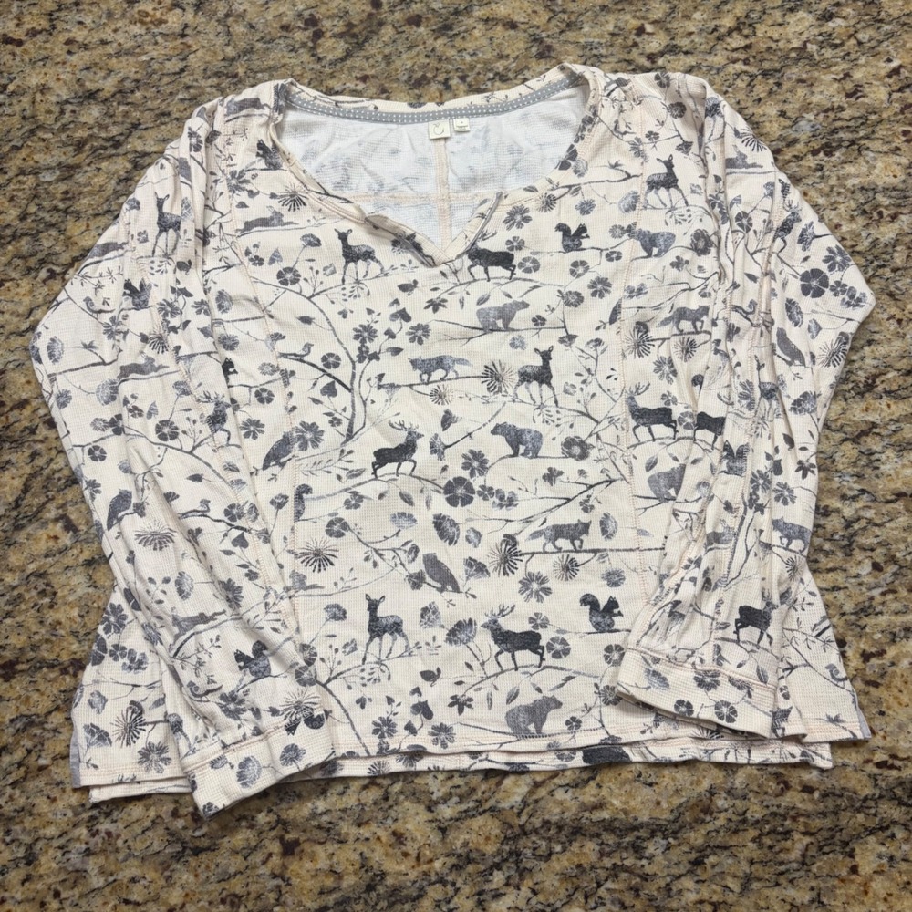 Earthbound Woodland Animal Print Waffle Knit Thermal Top Cream Grey Medium